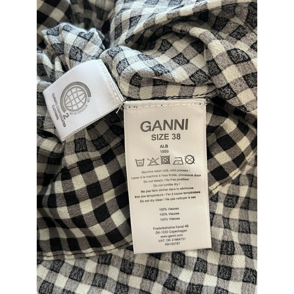 Ganni Gingham Wrap Top Balloon Sleeve Black White Blouse Women’s Size EU 38/US 6 - Picture 9 of 9
